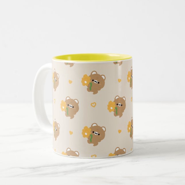 Cute Romantic Brown Bear Two-Tone Coffee Mug (Front Left)