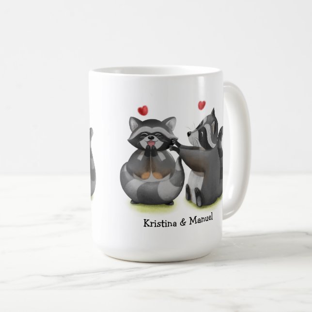 Cute Romantic Cartoon Raccoon Couple Coffee Mug (Front Right)