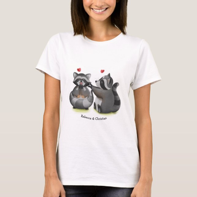 Cute Romantic Cartoon Raccoon Couple T-Shirt (Front)