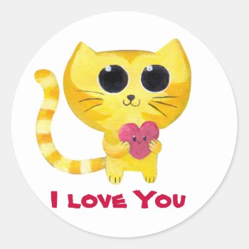 Cute Romantic Cat With Heart Classic Round Sticker by partymonster at Zazzle