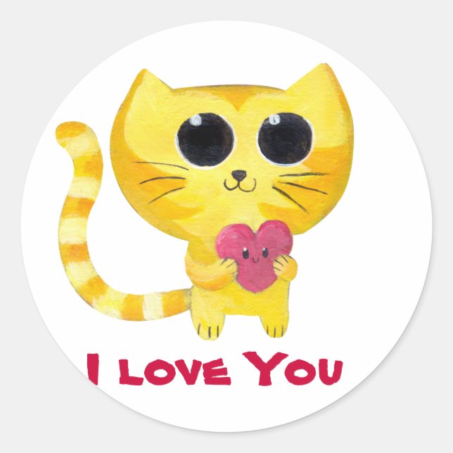 Cute Romantic Cat with Heart Classic Round Sticker (Front)