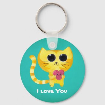 Cute Romantic Cat With Heart Keychain by partymonster at Zazzle