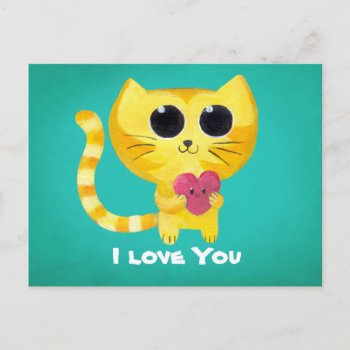 Cute Romantic Cat With Heart Postcard by partymonster at Zazzle