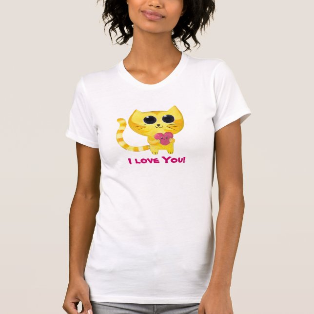 Cute Romantic Cat with Heart T-Shirt (Front)