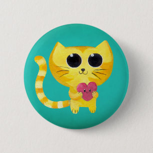 Cute Romantic Cat with Smiling Heart Pinback Button