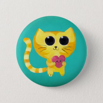 Cute Romantic Cat With Smiling Heart Pinback Button by colonelle at Zazzle