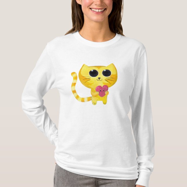Cute Romantic Cat with Smiling Heart T-Shirt (Front)