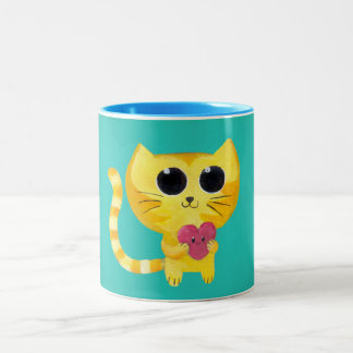 Cute Romantic Cat with Smiling Heart Two-Tone Coffee Mug