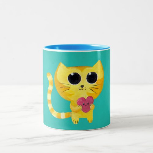 Cute Romantic Cat with Smiling Heart Two_Tone Coffee Mug