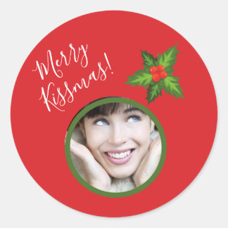Cute Romantic Christmas Photo Mistletoe "Kissmas" Classic Round Sticker