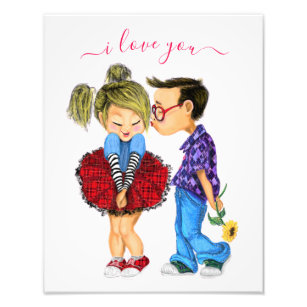Cute Romantic Couple Kiss with Text - I Love You Photo Print