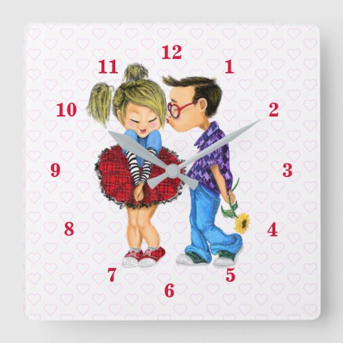 Cute Romantic Couple _ Love Hearts _ Kiss Square Wall Clock
