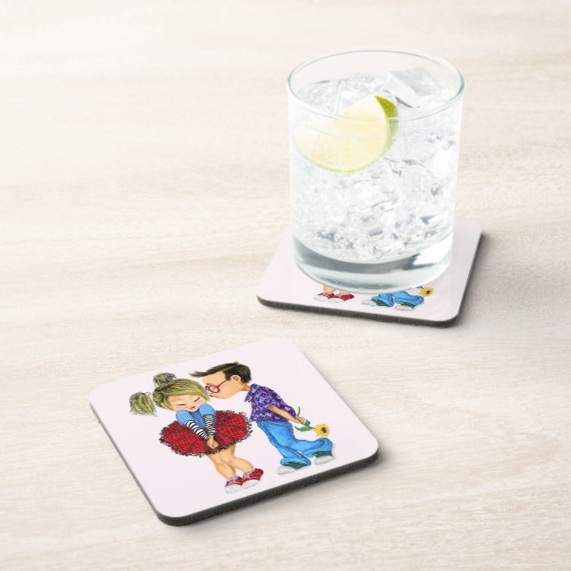 Cute Romantic Couple - Love - Kiss Beverage Coaster (Right Side)