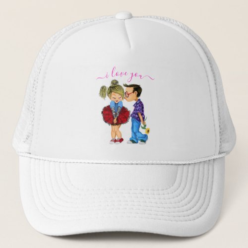 Cute Romantic Couple _ Love _ Kiss _ I Love You Trucker Hat