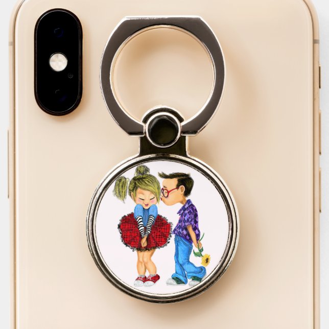 Cute Romantic Couple - Love - Valentine's Day Kiss Phone Ring Stand (Close Up)