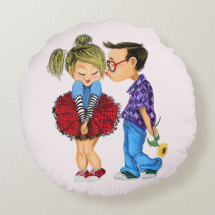 Cute Romantic Couple - Love - Valentine's Day Kiss Round Pillow