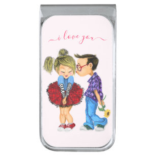 Cute Romantic Couple - Love - Valentine's Day Kiss Silver Finish Money Clip