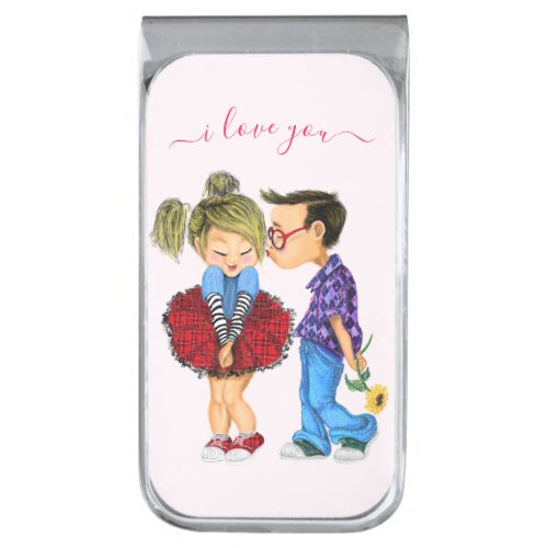 Cute Romantic Couple _ Love _ Valentines Day Kiss Silver Finish Money Clip