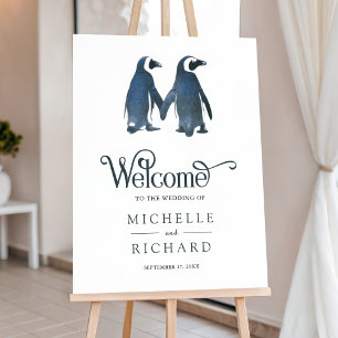 Cute Romantic Couple Penguin Wedding Welcome Sign