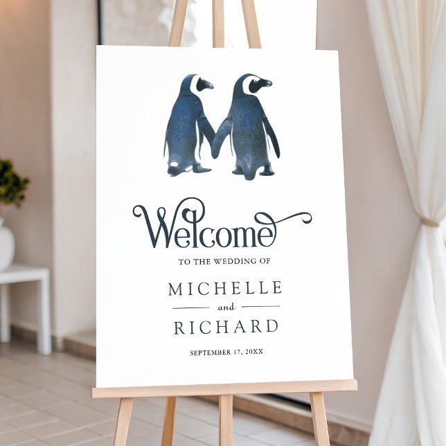 Cute Romantic Couple Penguin Wedding Welcome Sign (Creator Uploaded)