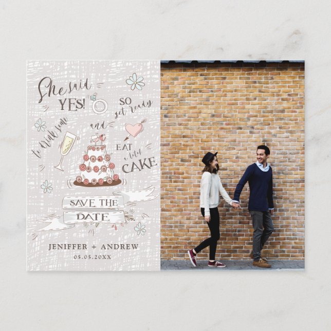 cute romantic doodle Photo Save The Date Postcard (Front)