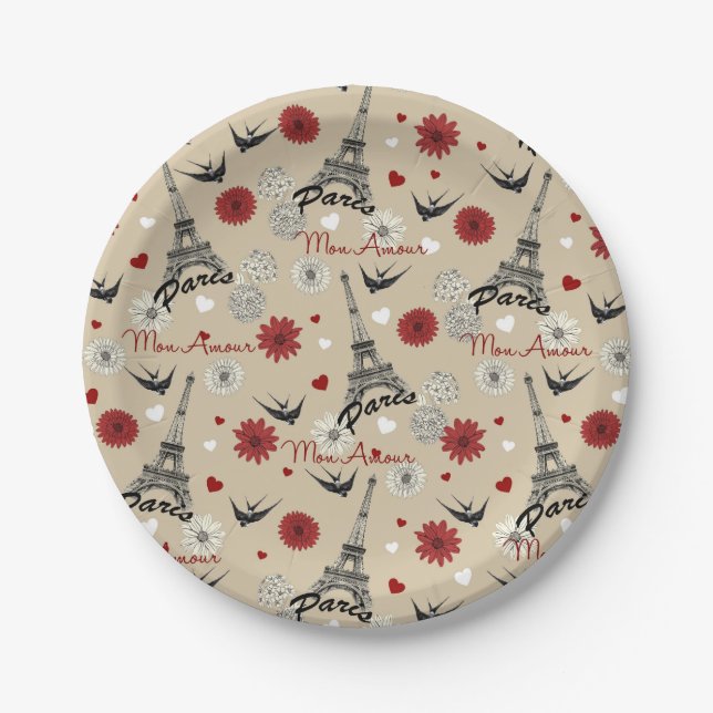 Cute romantic Eiffel Tower, hearts, flowers Paper Plates (Front)