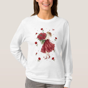 Cute Romantic Girl with Red Rose Bouquet Long Slee T-Shirt