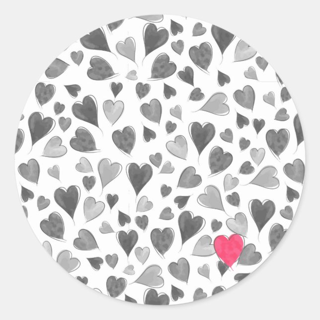 Cute romantic grey pink hand drawn hearts classic round sticker (Front)
