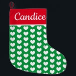 Cute romantic heart pattern custom name large christmas stocking<br><div class="desc">Cute romantic heart pattern custom name Christmas Stocking. Available in small and large size. Personalized design in red and green colors. Cool x-mas decor sock for the Holidays. Elegant script typography template. Fun decorations for kids and adults. Love icon print. Nice for boyfriend,  girlfriend,  husband,  wife,  couple etc.</div>