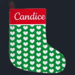 Cute romantic heart pattern custom name large christmas stocking<br><div class="desc">Cute romantic heart pattern custom name Christmas Stocking. Available in small and large size. Personalized design in red and green colors. Cool x-mas decor sock for the Holidays. Elegant script typography template. Fun decorations for kids and adults. Love icon print. Nice for boyfriend,  girlfriend,  husband,  wife,  couple etc.</div>