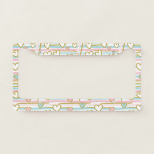 Cute Romantic Hearts and Pastel Stripes Gold License Plate Frame