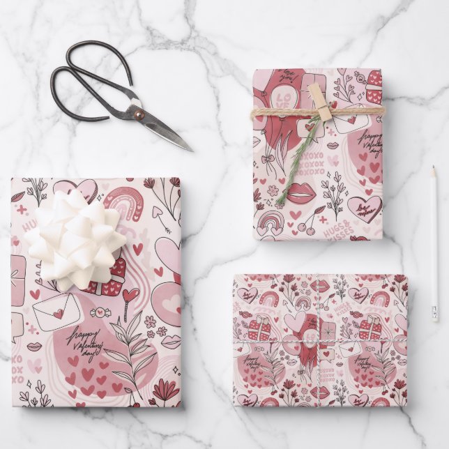 Cute Romantic Hugs Kisses Valentine's Day Girly Wrapping Paper Sheets (Front)