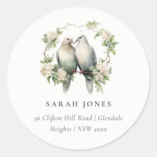 Cute Romantic Love Birds Botanical Wreath Address Classic Round Sticker