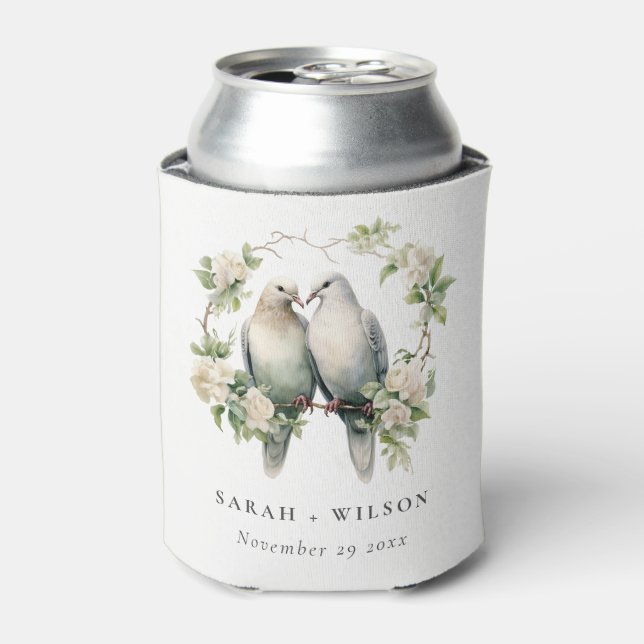 Cute Romantic Love Birds Botanical Wreath Wedding Can Cooler (Can Front)