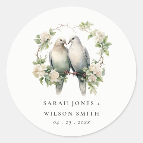 Cute Romantic Love Birds Botanical Wreath Wedding Classic Round Sticker