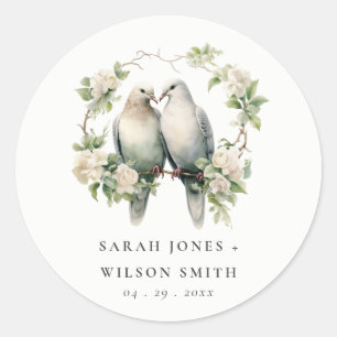 Cute Romantic Love Birds Botanical Wreath Wedding Classic Round Sticker