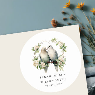 Cute Romantic Love Birds Botanical Wreath Wedding Classic Round Sticker