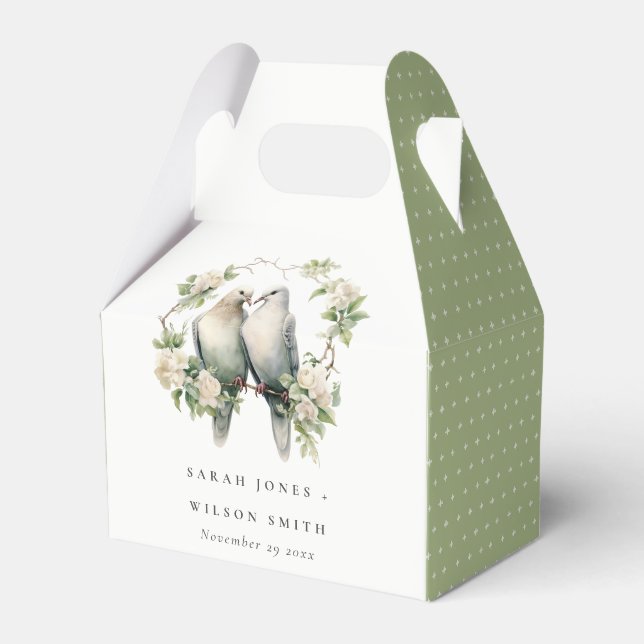 Cute Romantic Love Birds Botanical Wreath Wedding Favor Boxes (Front Side)