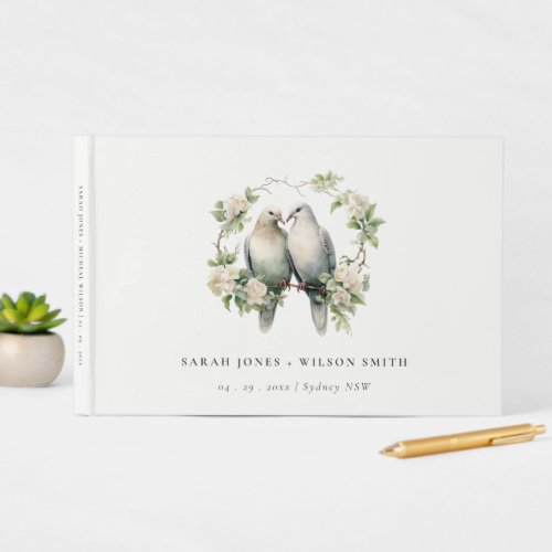 Cute Romantic Love Birds Botanical Wreath Wedding Guest Book