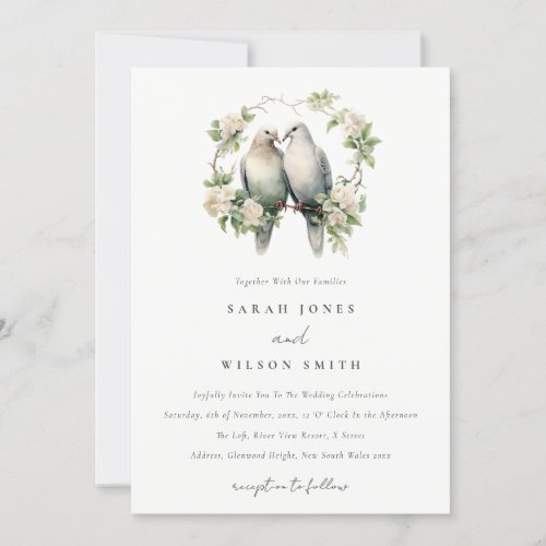 Cute Romantic Love Birds Botanical Wreath Wedding Invitation