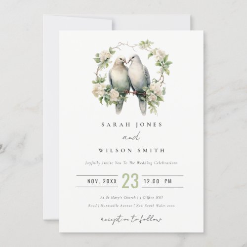Cute Romantic Love Birds Botanical Wreath Wedding Invitation