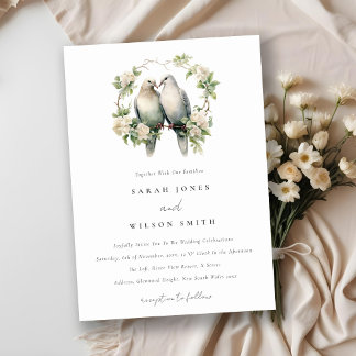 Cute Romantic Love Birds Botanical Wreath Wedding Invitation