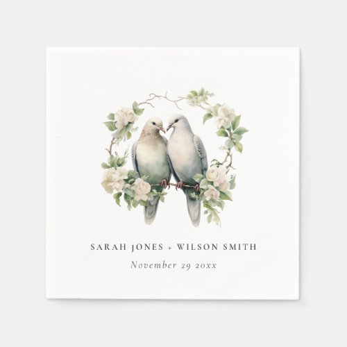 Cute Romantic Love Birds Botanical Wreath Wedding Napkins