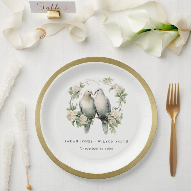 Cute Romantic Love Birds Botanical Wreath Wedding Paper Plates (Wedding)