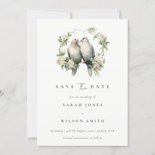 Cute Romantic Love Birds Botanical Wreath Wedding Save The Date