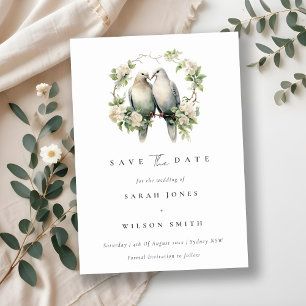 Cute Romantic Love Birds Botanical Wreath Wedding Save The Date