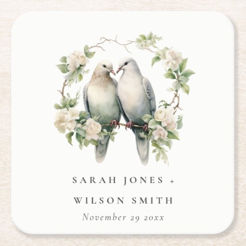 Cute Romantic Love Birds Botanical Wreath Wedding Square Paper Coaster