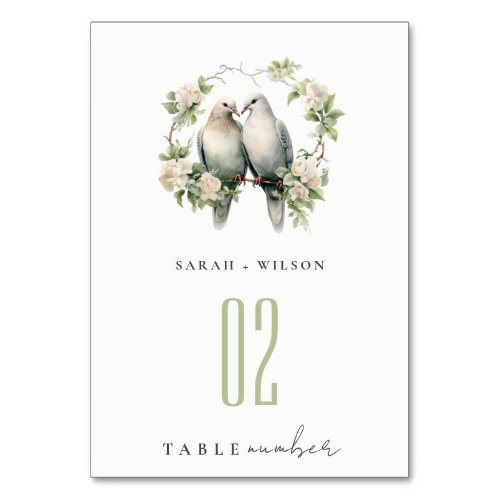 Cute Romantic Love Birds Botanical Wreath Wedding Table Number