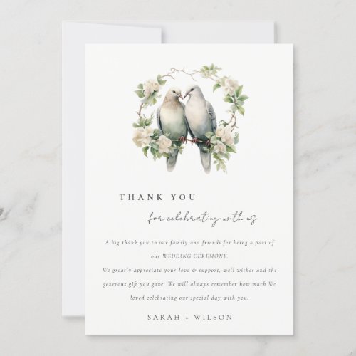 Cute Romantic Love Birds Botanical Wreath Wedding Thank You Card