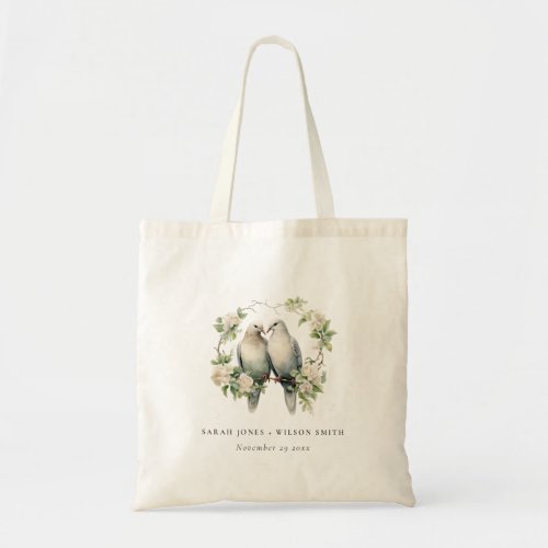 Cute Romantic Love Birds Botanical Wreath Wedding Tote Bag